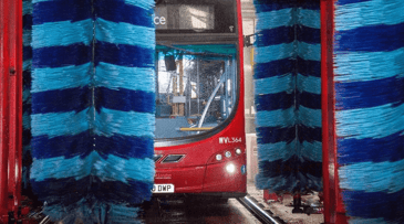 Bus wash system showing customisable solutions as the bus is getting washed
