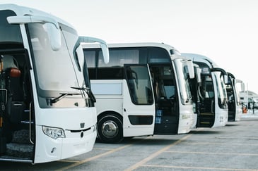 Modern bus fleet parked at a depot where bus wash equipment supports efficient vehicle cleaning and maintenance.